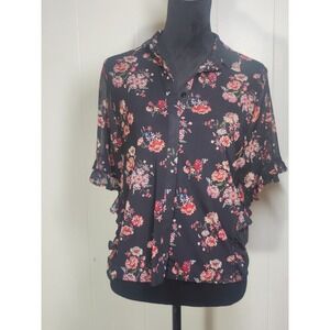 URBAN GIRL Black Floral Flutter Sleeve Button Front Shirt whimsical romantic